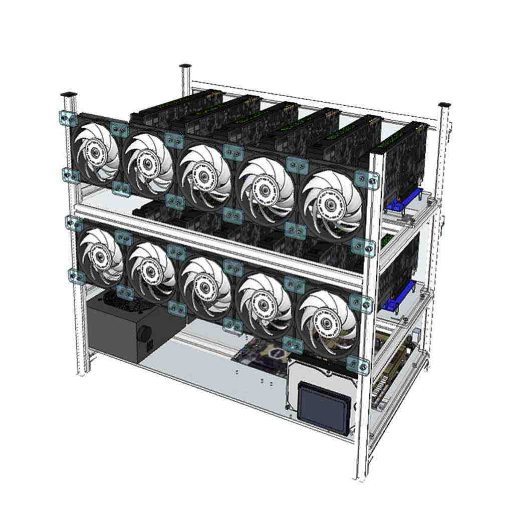 offertehitech-Alluminio Open Air Mining Rig Cassa impilabile con 10 ventilatori LED per 12 GPU ETH