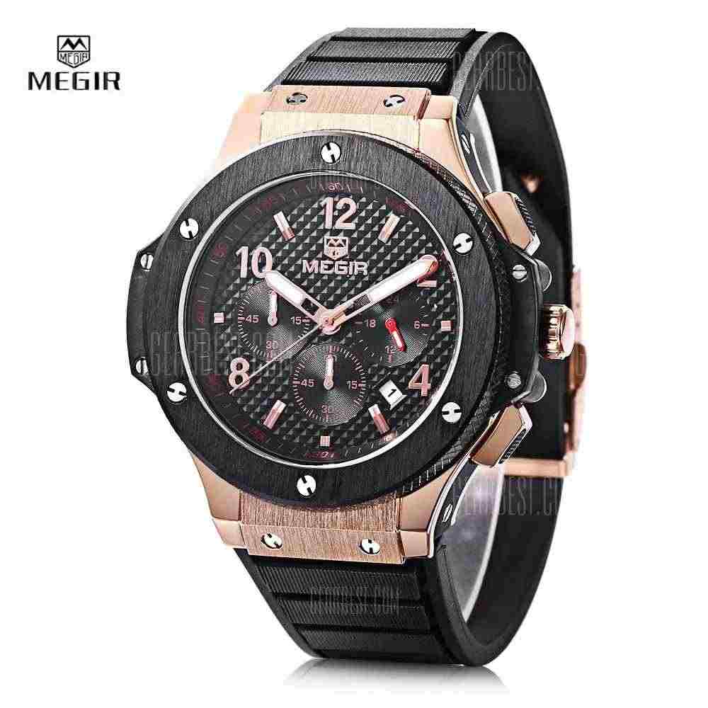 offertehitech-MEGIR 3002G Date Function Male Quartz Watch - BLACK BAND BLACK GOLD