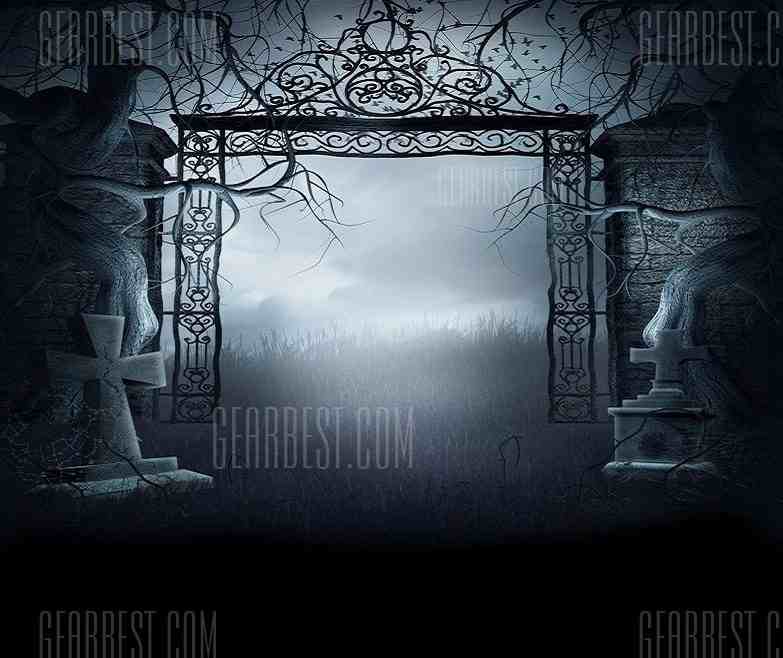 offertehitech-gearbest-Halloween Foggy Cemetery Gate Theme Background Cloth