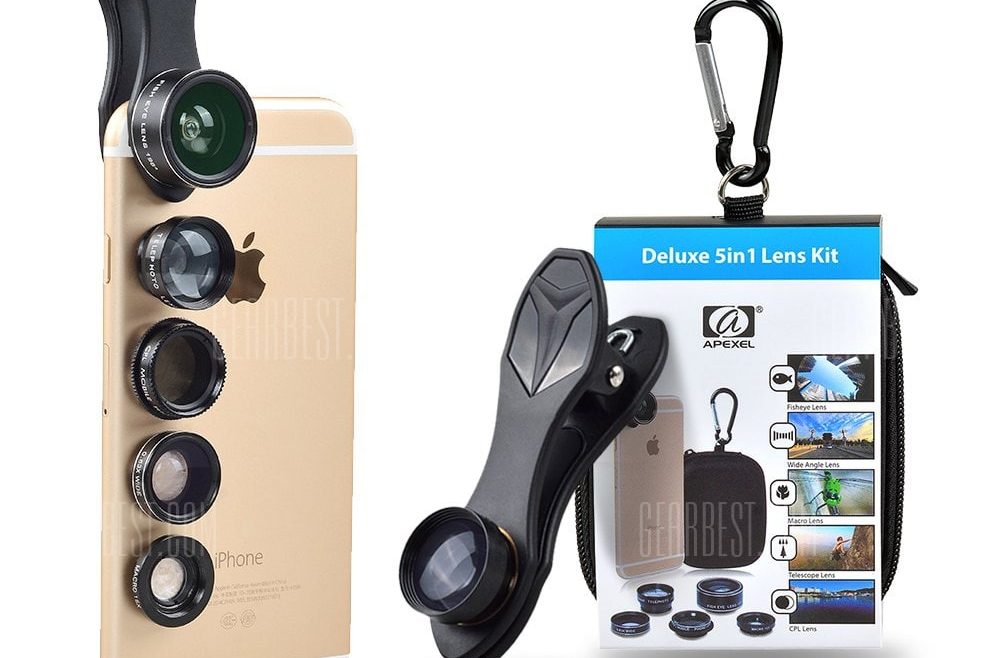 offertehitech-gearbest-APEXEL Universal 5 in 1 HD Phone Lens Kit Wide Angle Macro Fisheye Telephoto Mobile Camera Lens for iPhone Smartphone