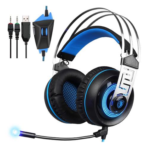 offertehitech-Sades A7 USB 3.5mm Gaming Headphones with Mic 7.1 Surround Sound Blue LED Light for Xbox One - Blue
