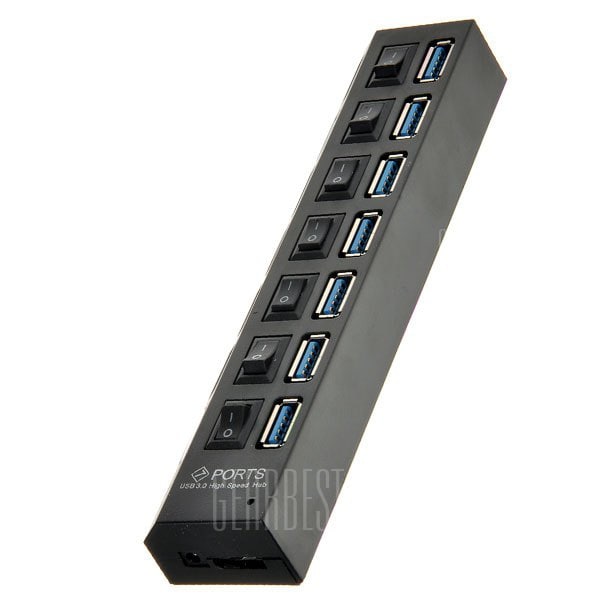 offertehitech-gearbest-7 Ports USB 3.0 Hub On / Off Switch with 2A Power Adapter Support Windows XP / Vista / 7 / 8 / Mac