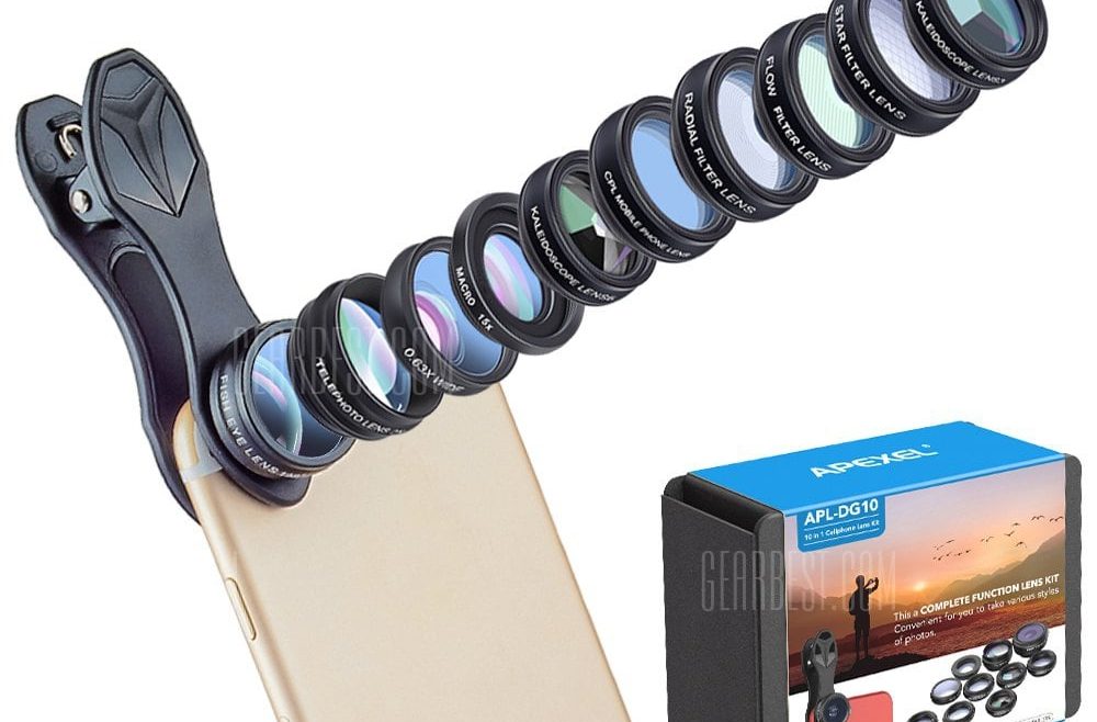 offertehitech-gearbest-APEXEL APL - DG10 Universal Wide Angle + Macro + Fisheye Lens + Telephoto + CPL + Filter 10 in 1 Mobile Camera Lens Set